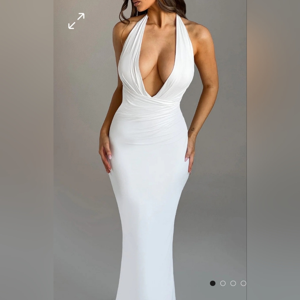 White Ruched Plunge Neck Bodycon Dress